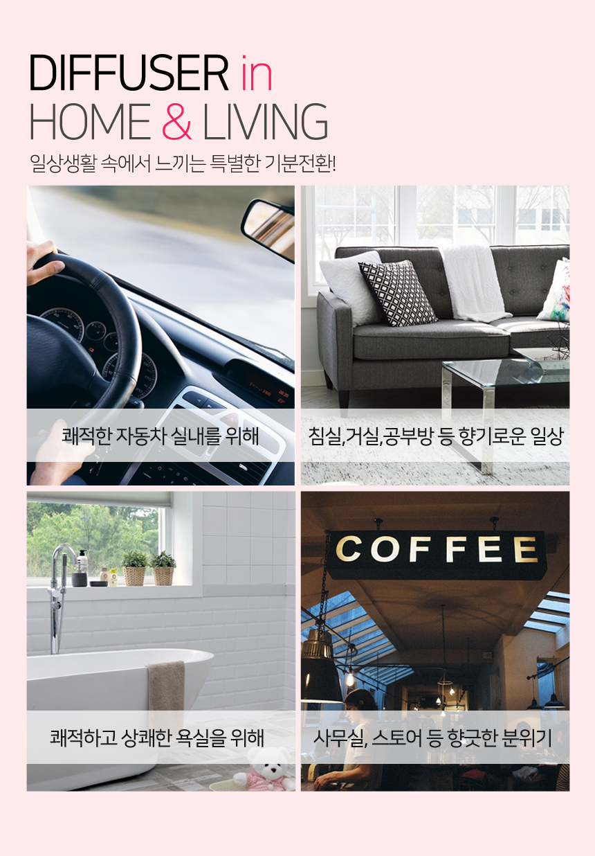 4분할 이미지로 디퓨저를 사용하는 차량, 실내, 카페 매장, 화장실 전시된 이미지로 용도별
대한 이해를 해주는 이미지이다.