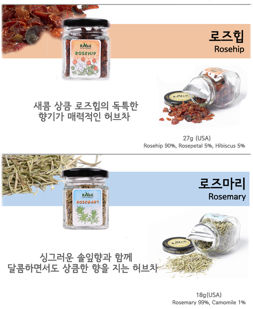 밝은 이미지에 들장미 열매가 담겨진 미니병과 로즈마리잎이 담겨진 이미지로 로즈힙이 피부관리에 도움을 주어 미용에 좋은 내용과 로즈마리는
심신이 피로할때 입욕제로 사용하며 로즈마리차로 드시면 좋다는 내용의 이미지