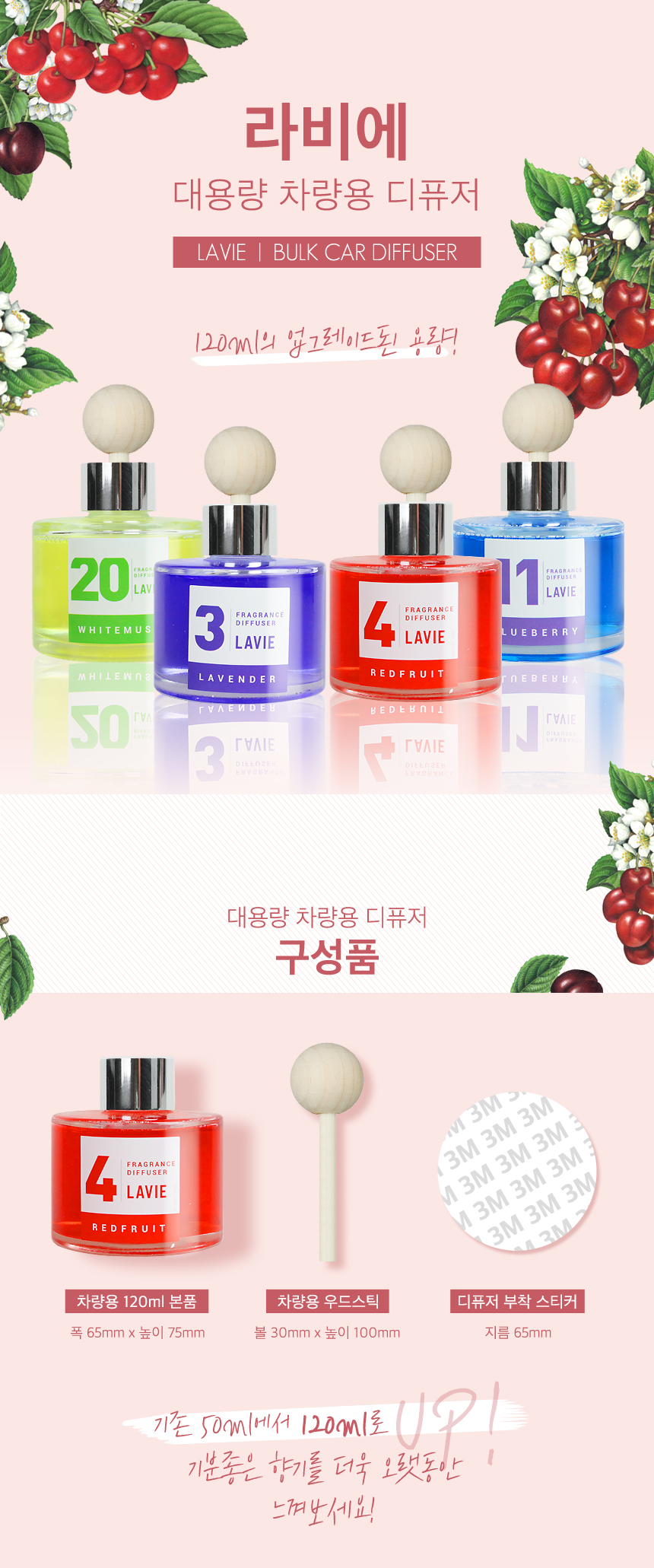 화이트머스크 레드프룻 블루베리 라벤더의 120ml 차량용 방향제가 있는 이미지로 실속있고 경제적이면서도
고급스러운 디자인과 오래지속되는 발향에 대한 설명과 본품 차량용우드스틱과 스티커가 한세트라는 내용의 이미지