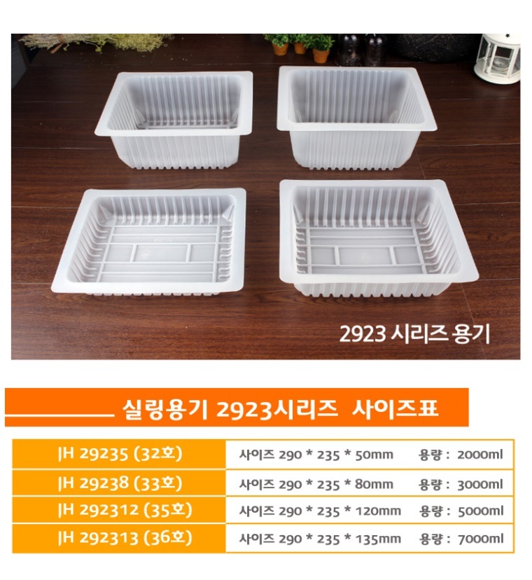 사이즈별로 포장용기가 나란히 놓여있고 상품명 사이즈 용량이 잘 표기된 표가 이며
몰드를 사용 하시어  용기 실링에 사용된다는 이미지