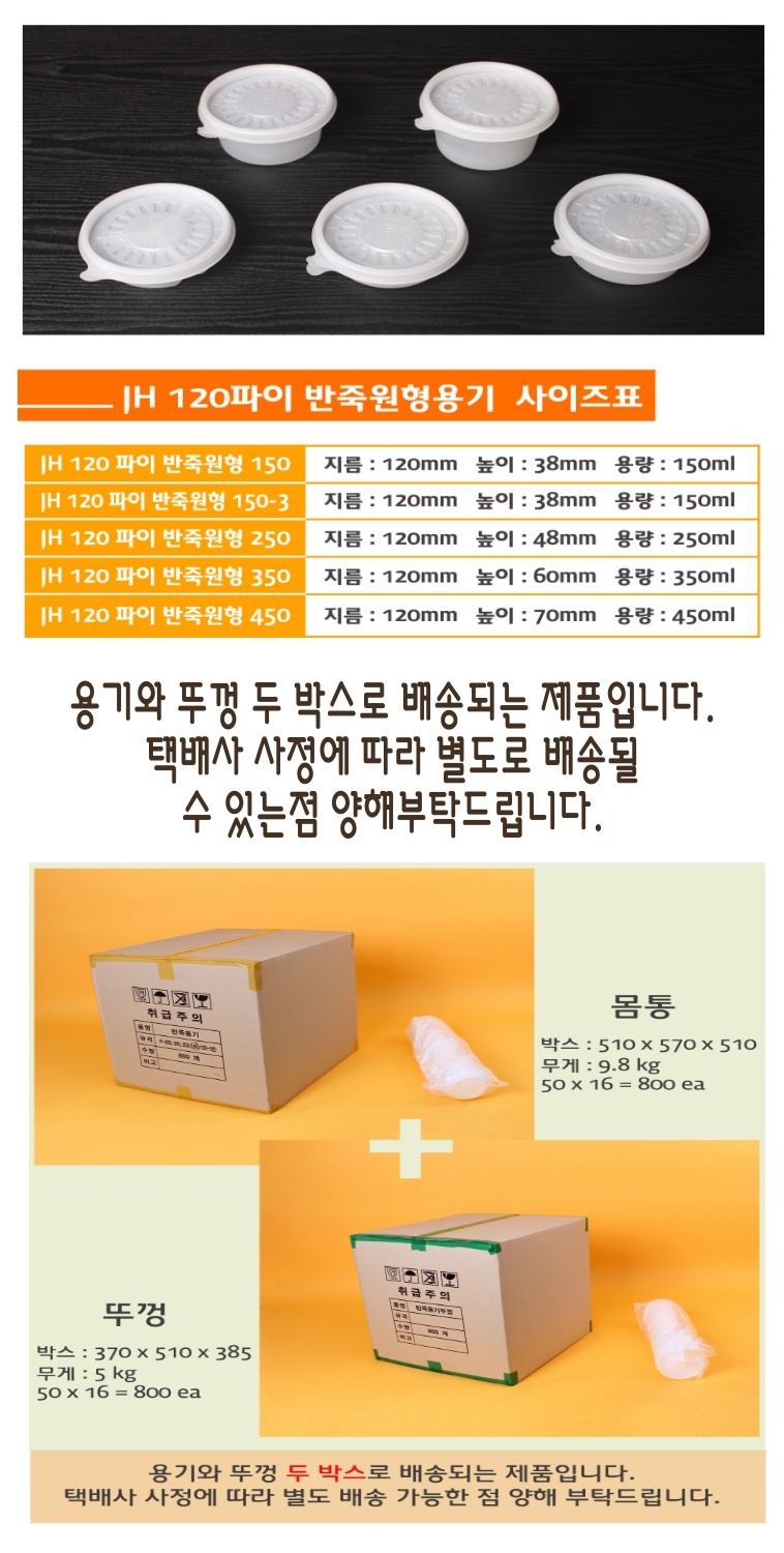 용기 와 뚜껑이 각 1박스로 되어 2박스가 배송 된다는 이미지와 PET 소재의 친환경의 다양한 찬용기가 놓여있는 이미지.