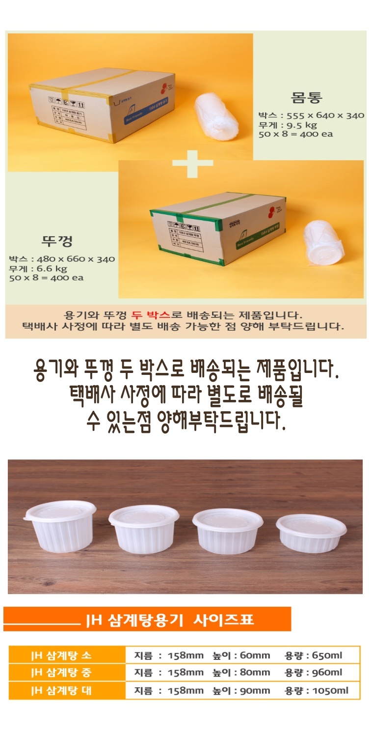 용기 와 뚜껑이 각 1박스로 되어 2박스가 배송 된다는 이미지와 PP 소재의 친환경의 다양한 찬용기가 놓여있는 이미지.