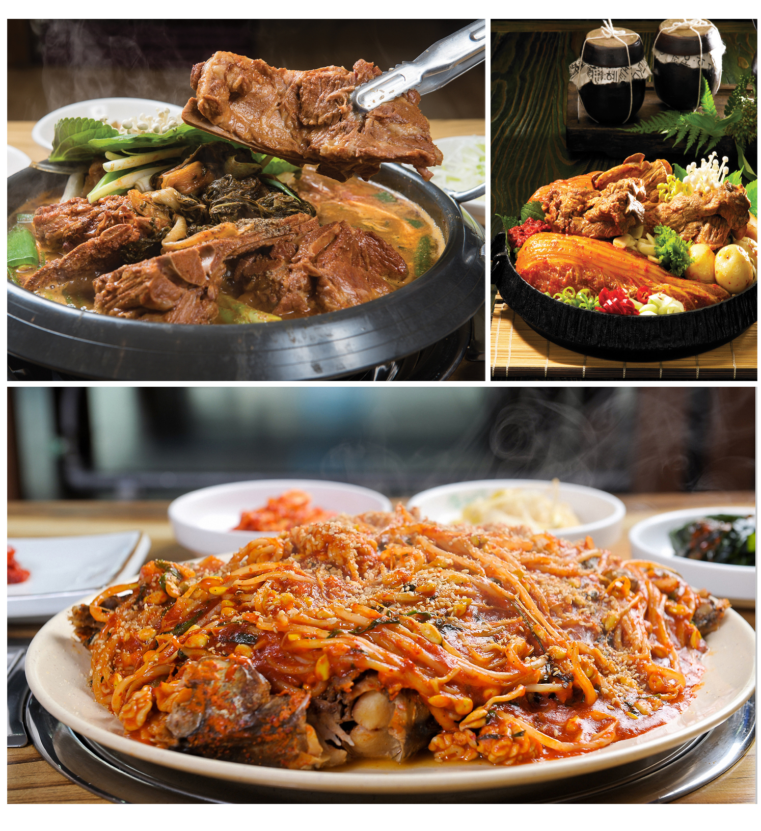 3분할된 이미지에 감자탕, 김치찜과 해물탕의 먹음직스러운 요리가 접시에 담겨져 있고  배달용 탕용기가
각종찜요리나 탕요리 포장용기로 적당하다는 설명 이미지