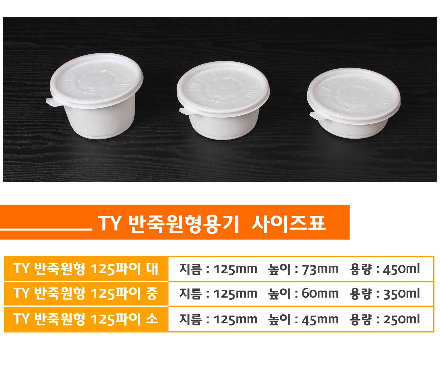 사이즈별로 포장용기가 나란히 놓여있고 상품명 사이즈 용량이 잘 표기된 표가 보인다.