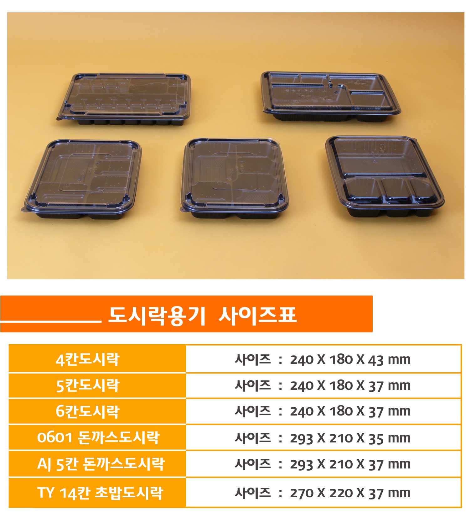 사이즈별로 포장용기가 나란히 놓여있고 상품명 사이즈 용량이 잘 표기된 표가 보인다.