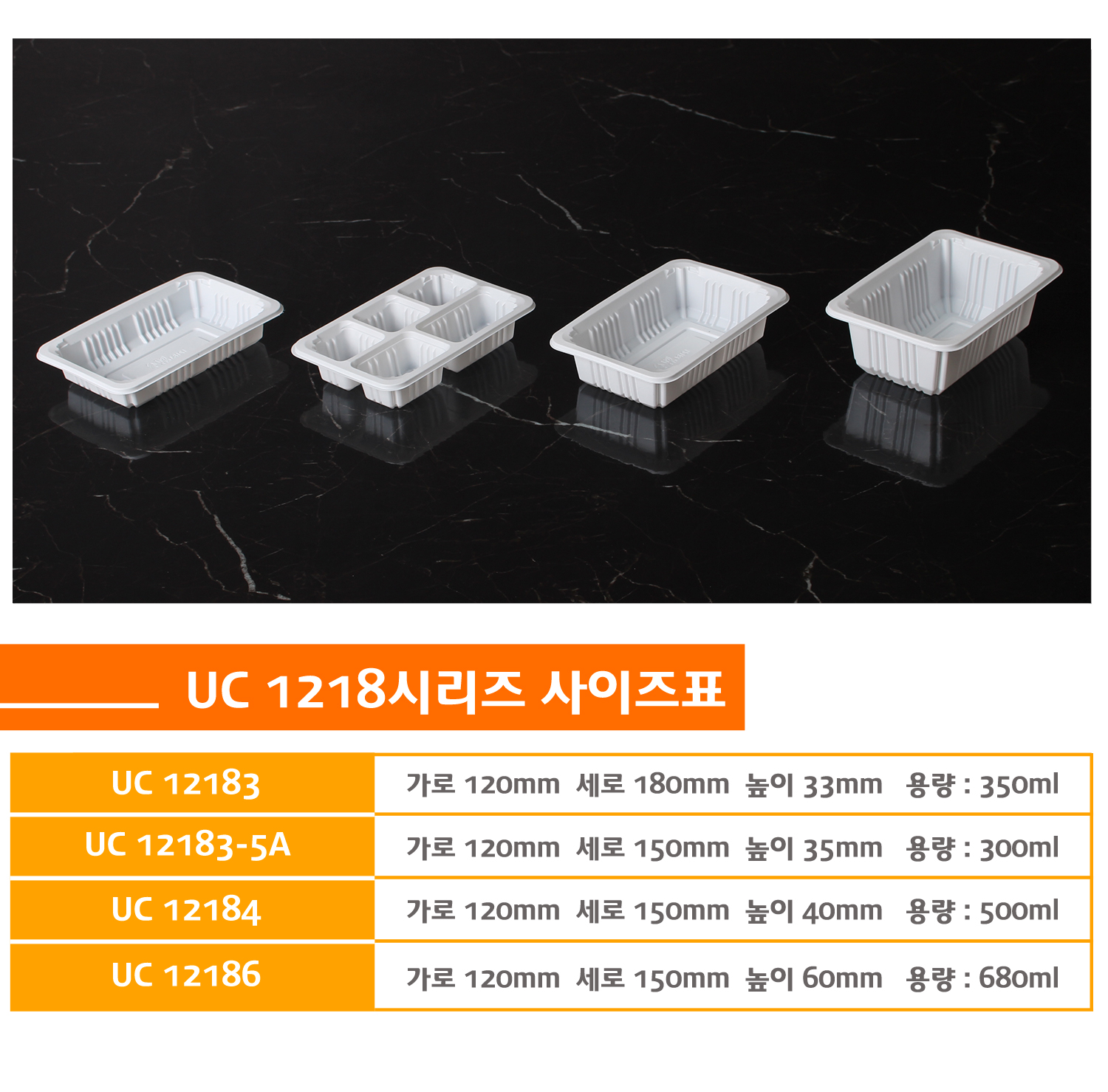 여러 종류의 실링용기가 두줄로 나란히 정렬된 모습의 사진과 
해당 실링용기의 상품명 사이즈 용량이 정리된 사이즈표가있다