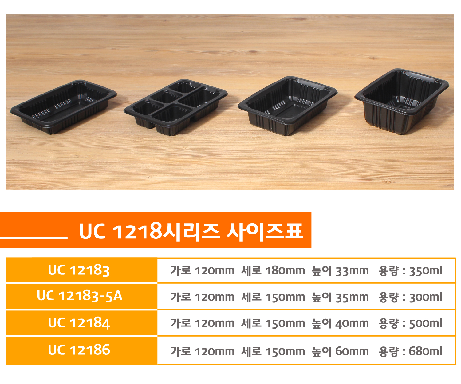 여러 종류의 실링용기가 두줄로 나란히 정렬된 모습의 사진과 
해당 실링용기의 상품명 사이즈 용량이 정리된 사이즈표가있다