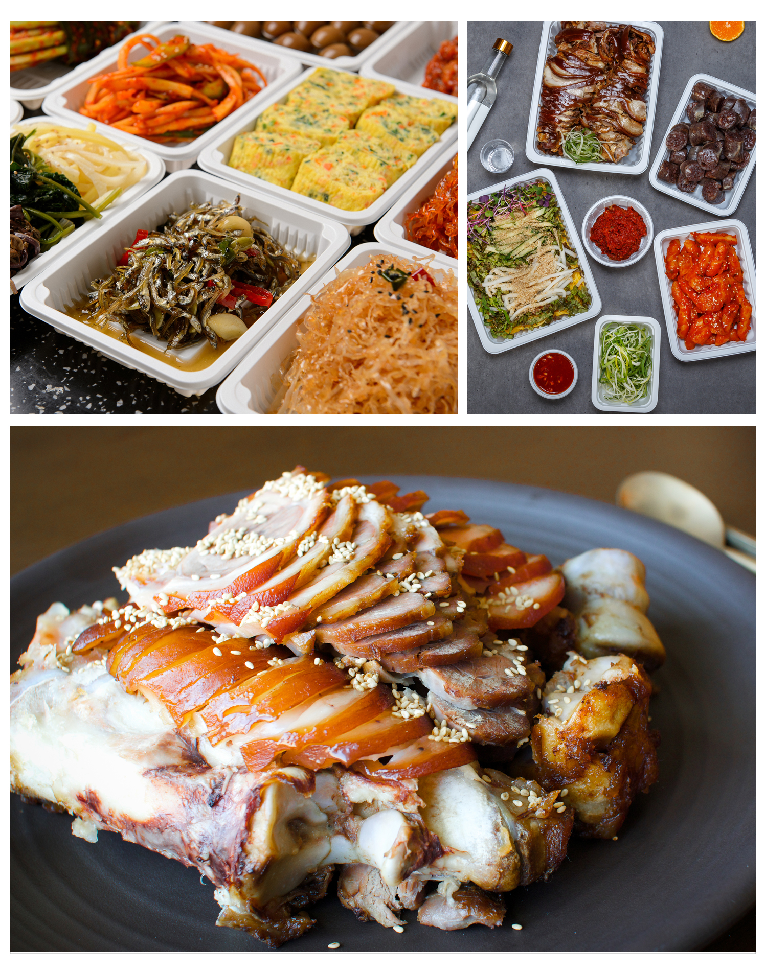 실링 용기에 계란말이, 무채, 멸치볶음 등 맛있는 반찬이 담겨져 있는 이미지와 분식으로 순대, 비빕막국수 등이 담겨진 이미지와 아래로 대형 접시에
족발이 가득 담긴 이미지로 한식, 분식, 반찬 등 여러 용도로 사용할 수 있다는 설명 이미지