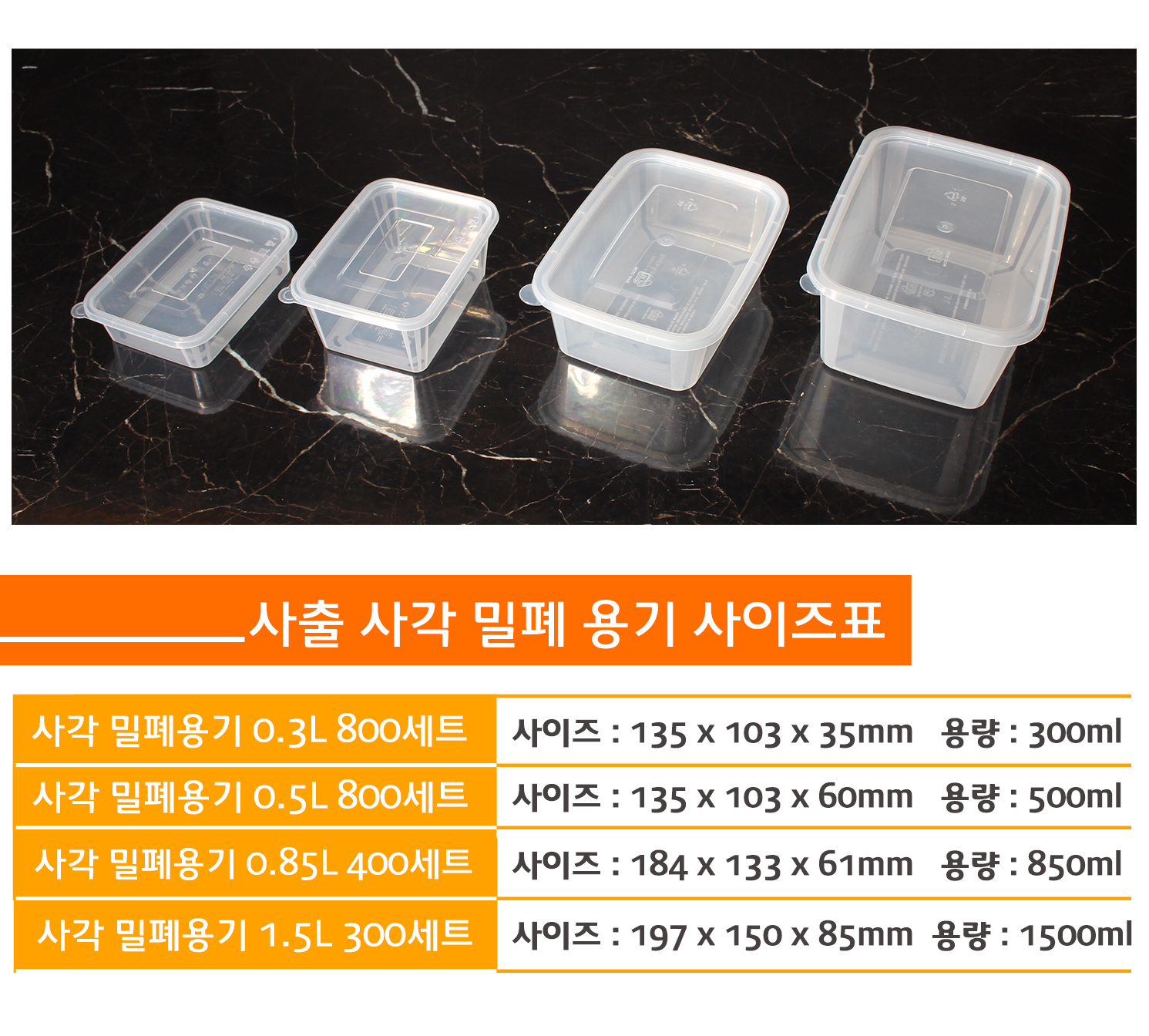 사이즈별로 포장용기가 나란히 놓여있고 상품명 사이즈 용량이 잘 표기된 표가 보인다.